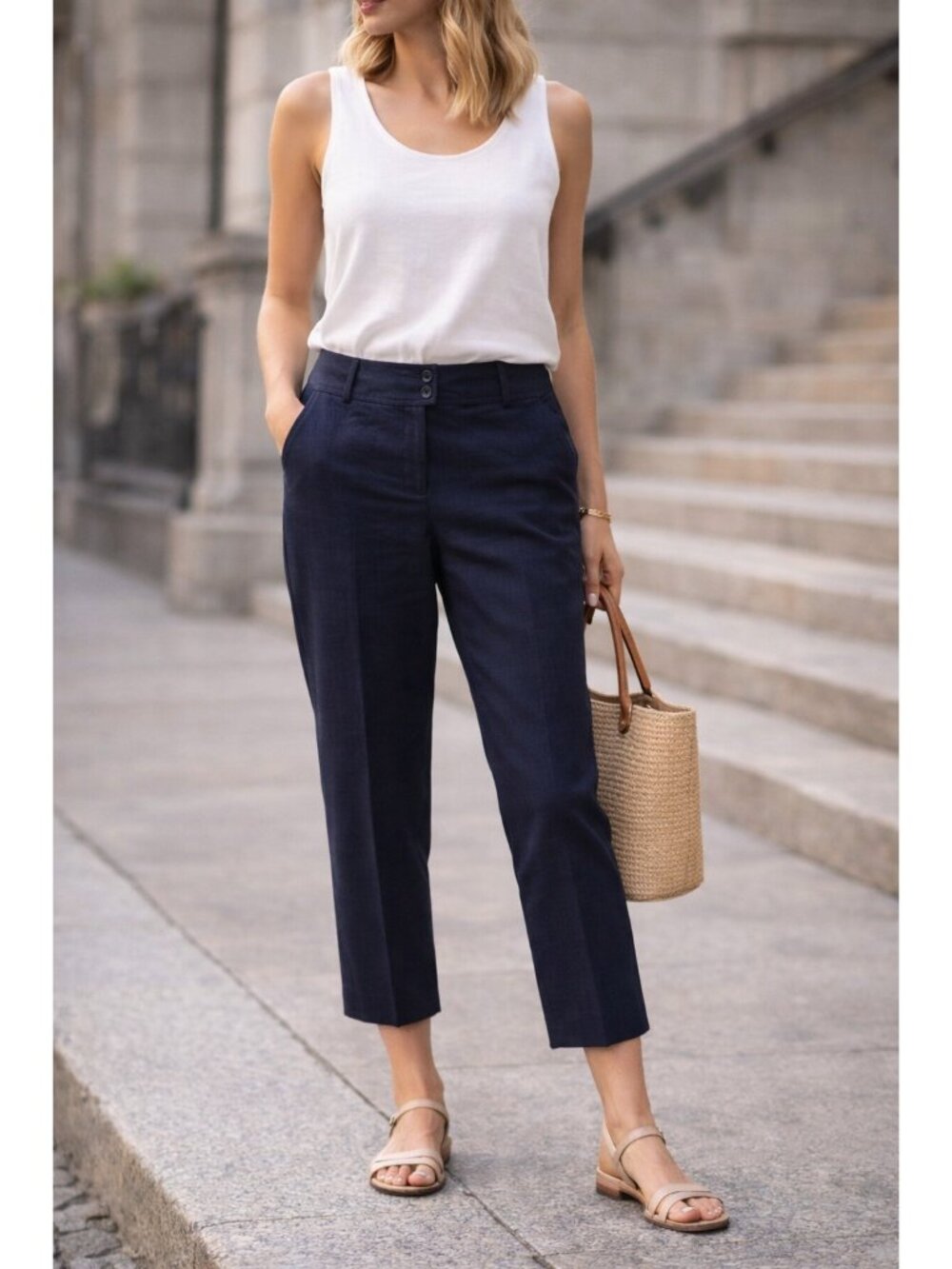 Laura Ashley Occasion Putney Trousers Womens 10 Linen Blend Navy Pants